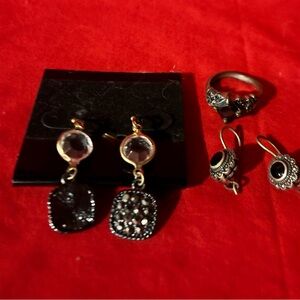Vintage Black and Silver Earrings and Ring